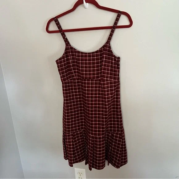 Hollister Women Size Medium Red Plaid Dress Burgundy Cotton Fall - Picture 1 of 8